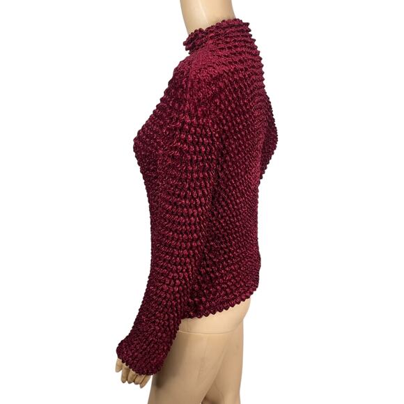 Vtg 90s Y2K Periscope Red Velvet Crinkled Popcorn Mock Neck Shirt Top One Size - Picture 5 of 7